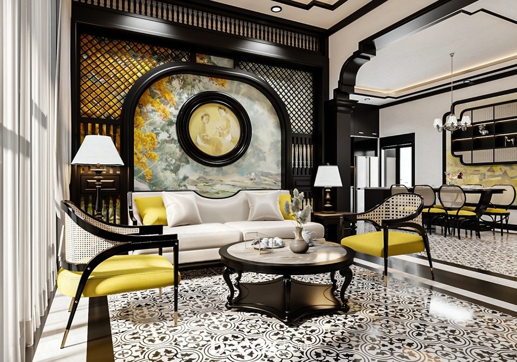Hoa văn cách điệu là nét đặc trưng của nội thất biệt thự cao cấp phong cách Indochine