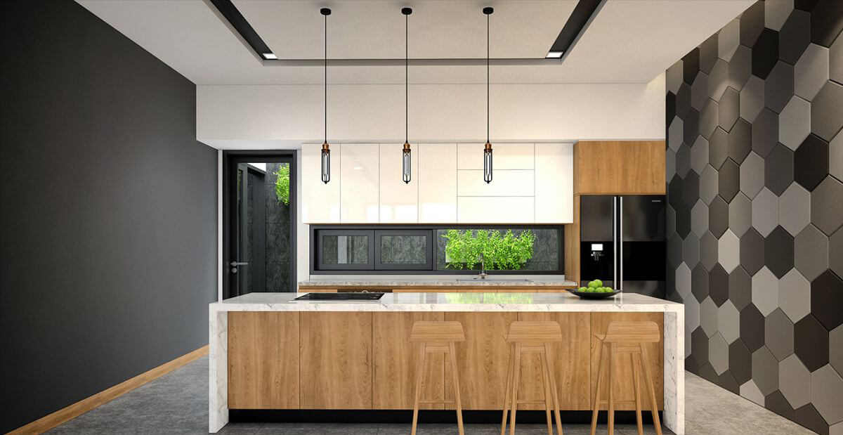 Phòng bếp, tủ bếp hình chữ I với tông màu gỗ nhã nhặn